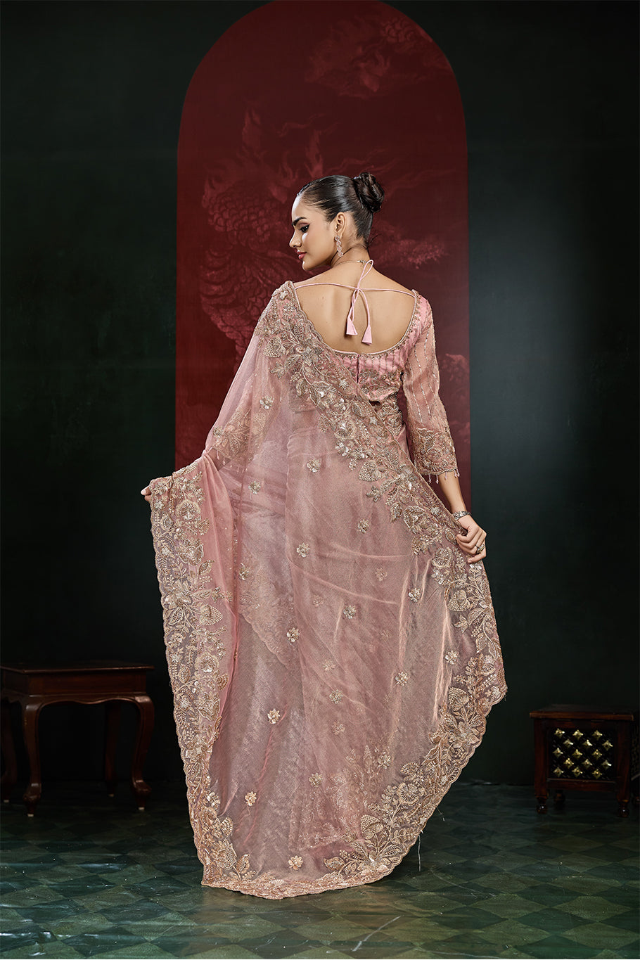 Dusty Rose Pink Organza Silk Saree with Floral Border Work