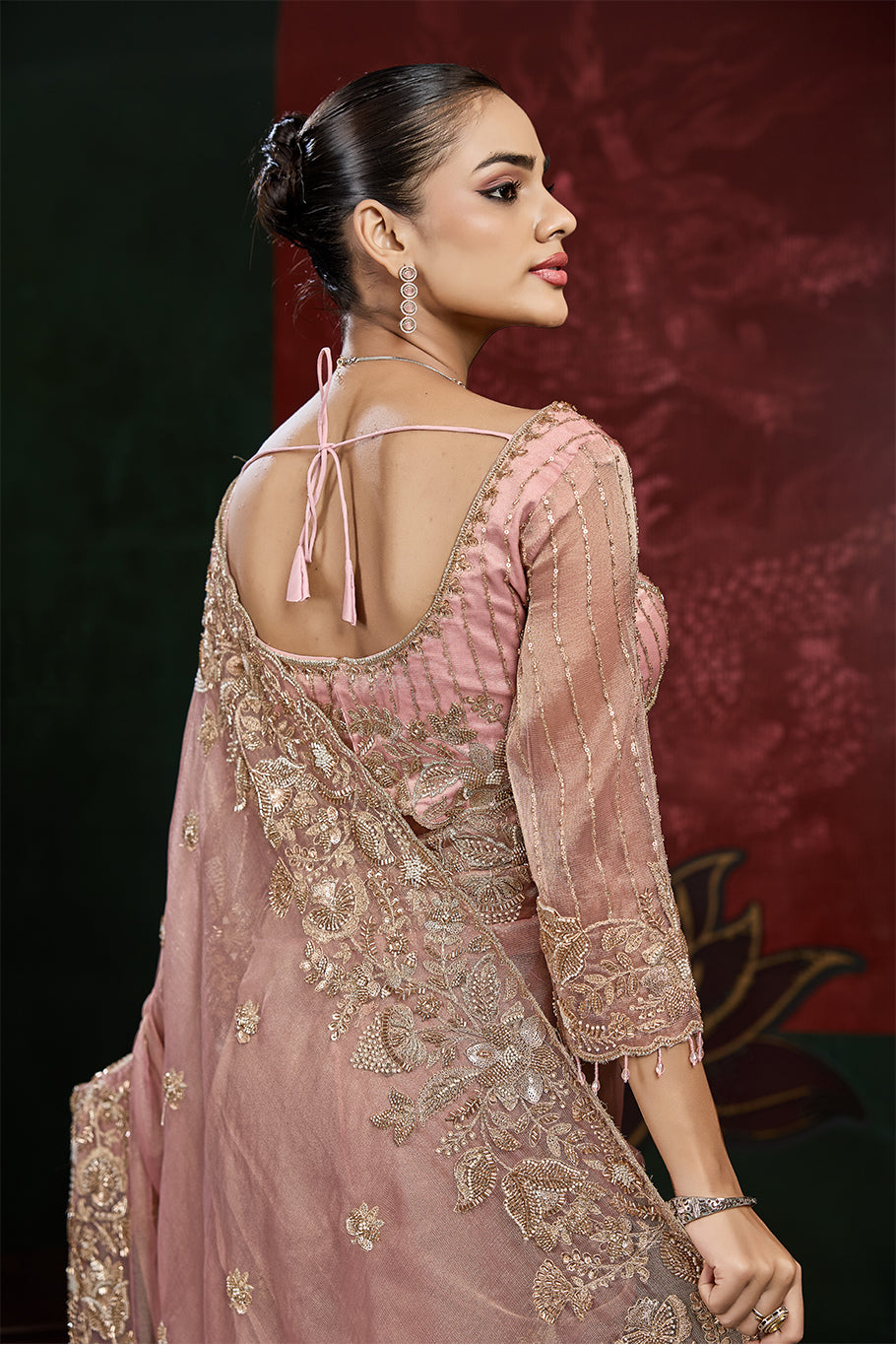 Dusty Rose Pink Organza Silk Saree with Floral Border Work