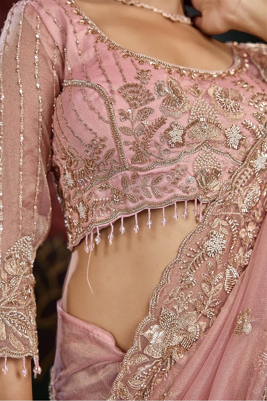 Dusty Rose Pink Organza Silk Saree with Floral Border Work