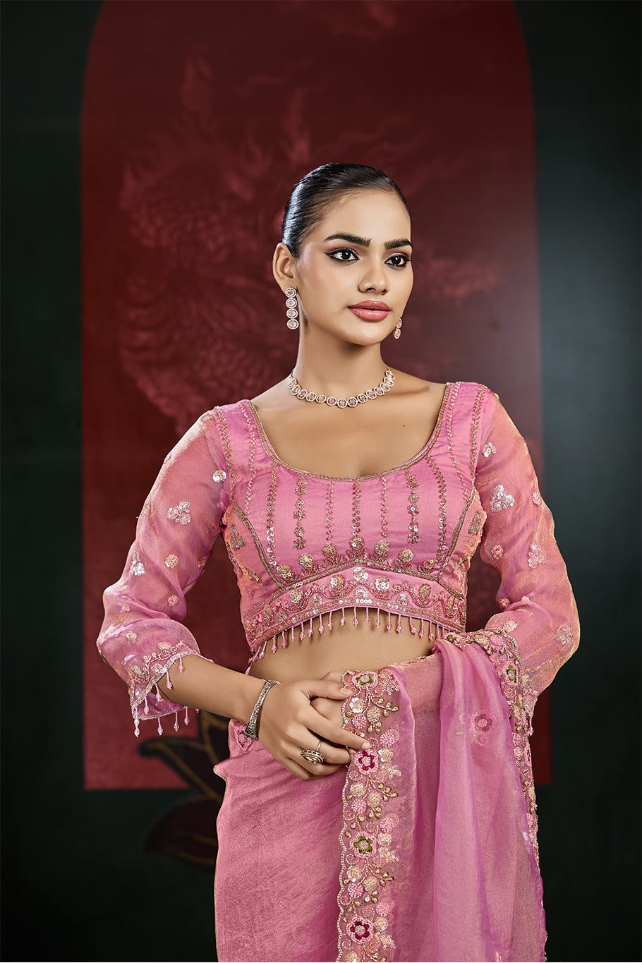 Rose Pink Organza Silk Saree with Multicolor Floral Embroidery