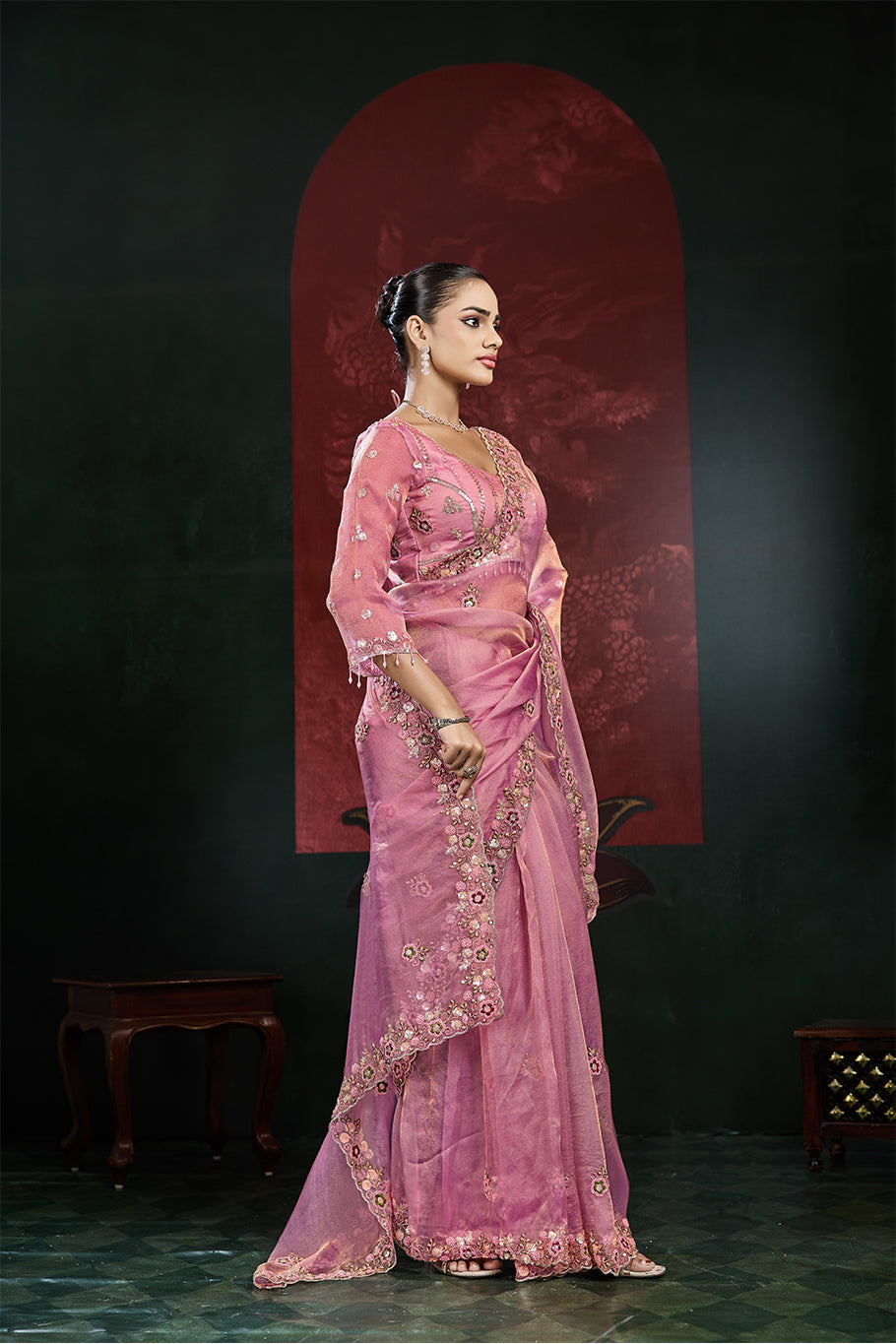 Rose Pink Organza Silk Saree with Multicolor Floral Embroidery