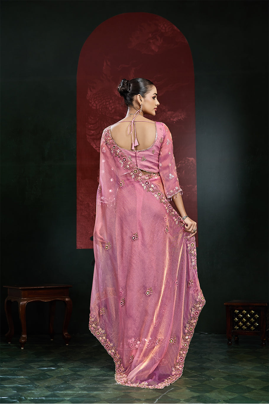 Rose Pink Organza Silk Saree with Multicolor Floral Embroidery