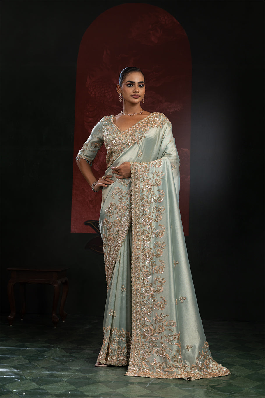Sage Green Organza Silk Saree with Golden Zari Embroidery
