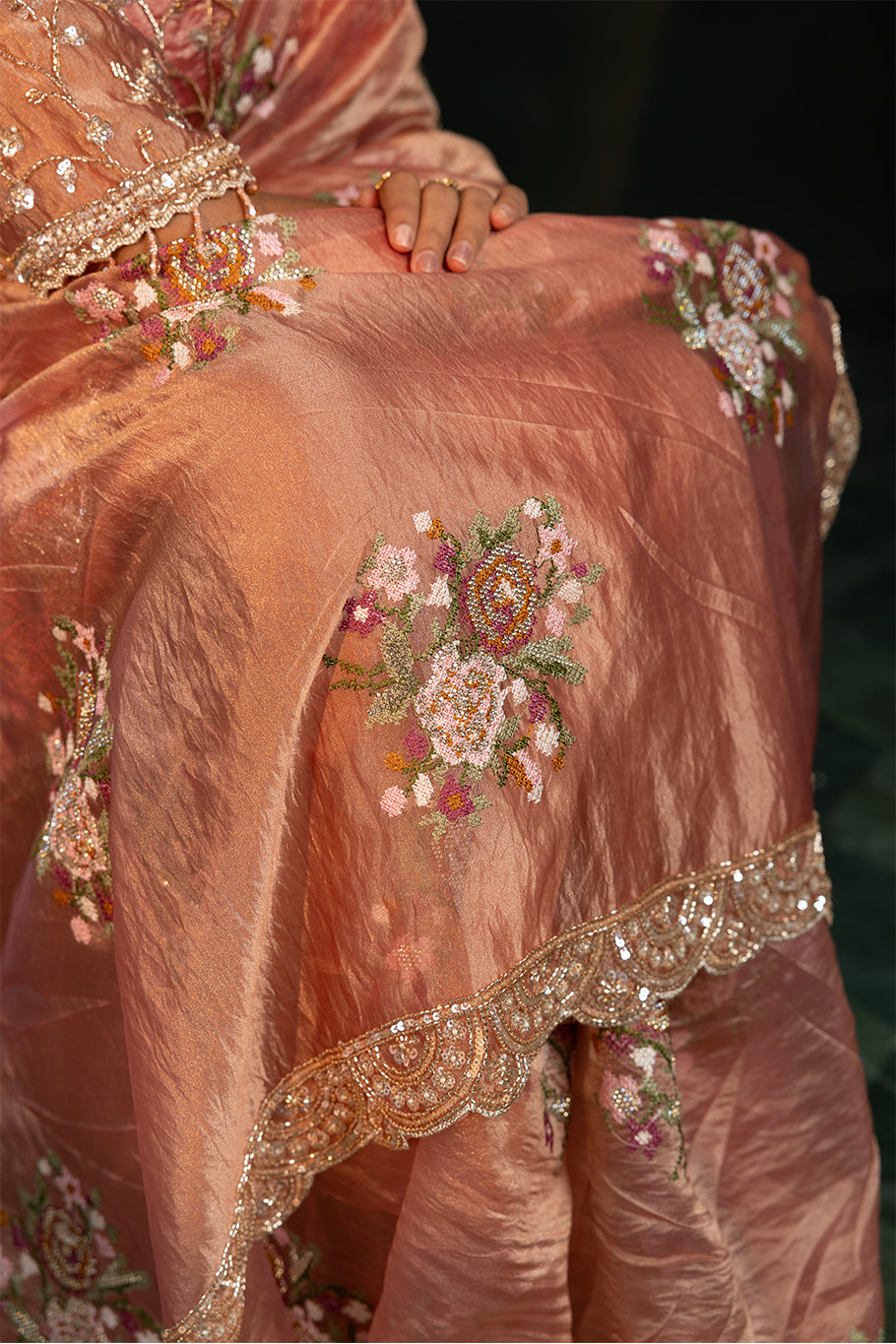 Dusty Rose Pink Organza Silk Saree with Multicolor Floral Embroidery