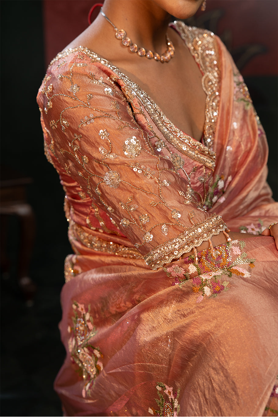 Dusty Rose Pink Organza Silk Saree with Multicolor Floral Embroidery