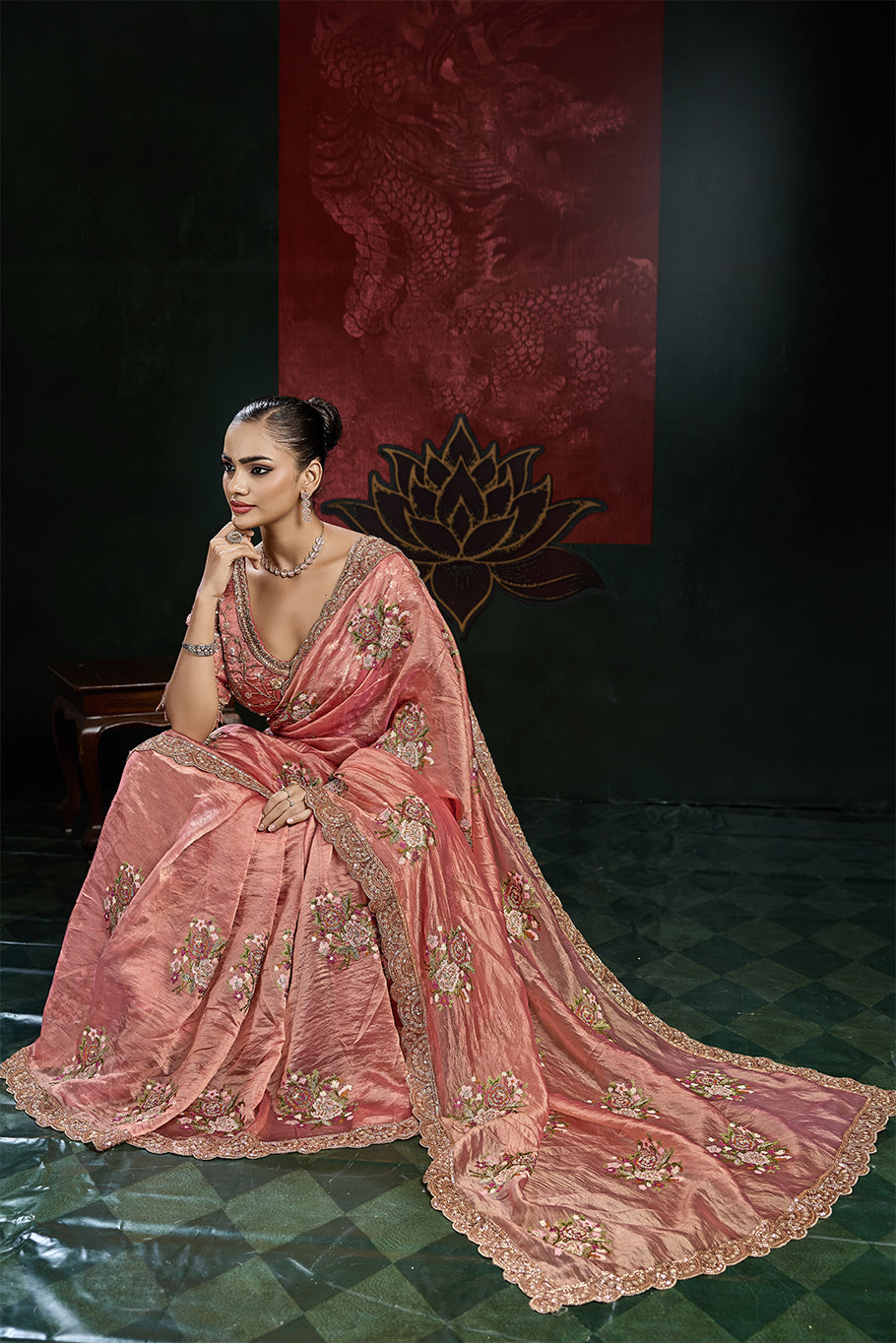 Dusty Rose Pink Organza Silk Saree with Multicolor Floral Embroidery