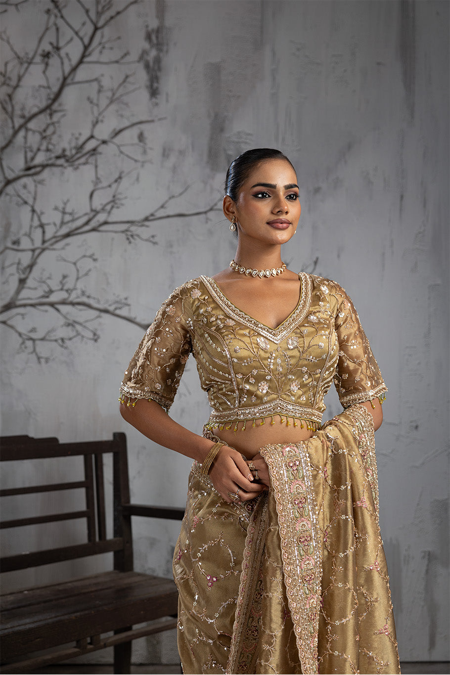 Olive Green Organza Silk Saree with Golden Zari Embroidery