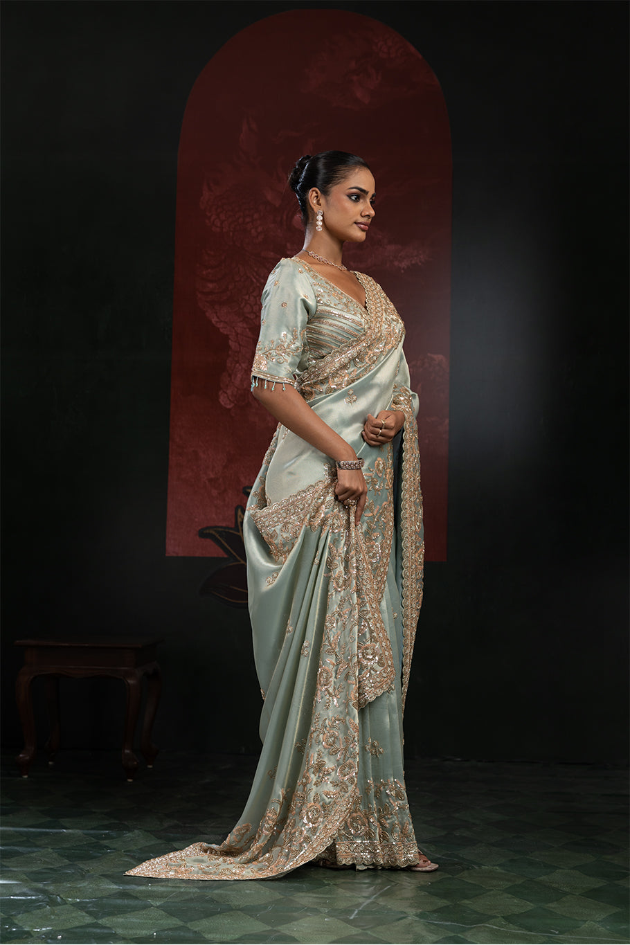 Sage Green Organza Silk Saree with Golden Zari Embroidery