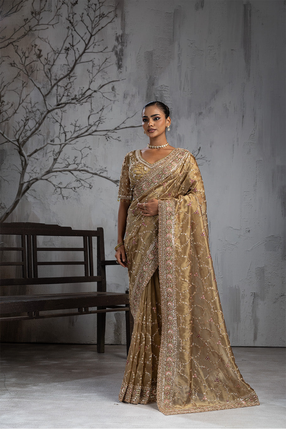 Olive Green Organza Silk Saree with Golden Zari Embroidery