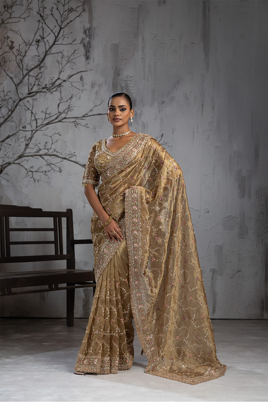 Olive Green Organza Silk Saree with Golden Zari Embroidery