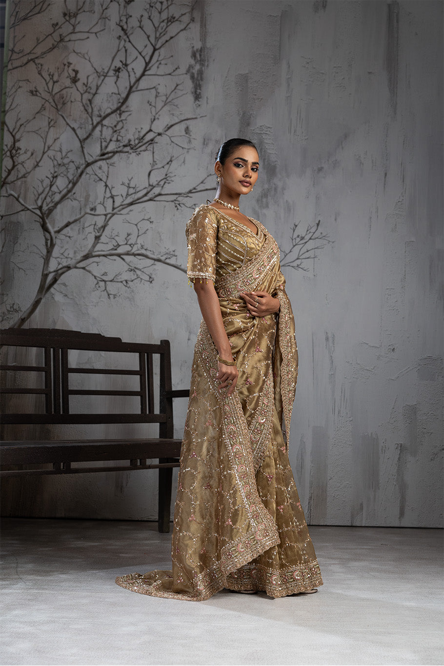 Olive Green Organza Silk Saree with Golden Zari Embroidery