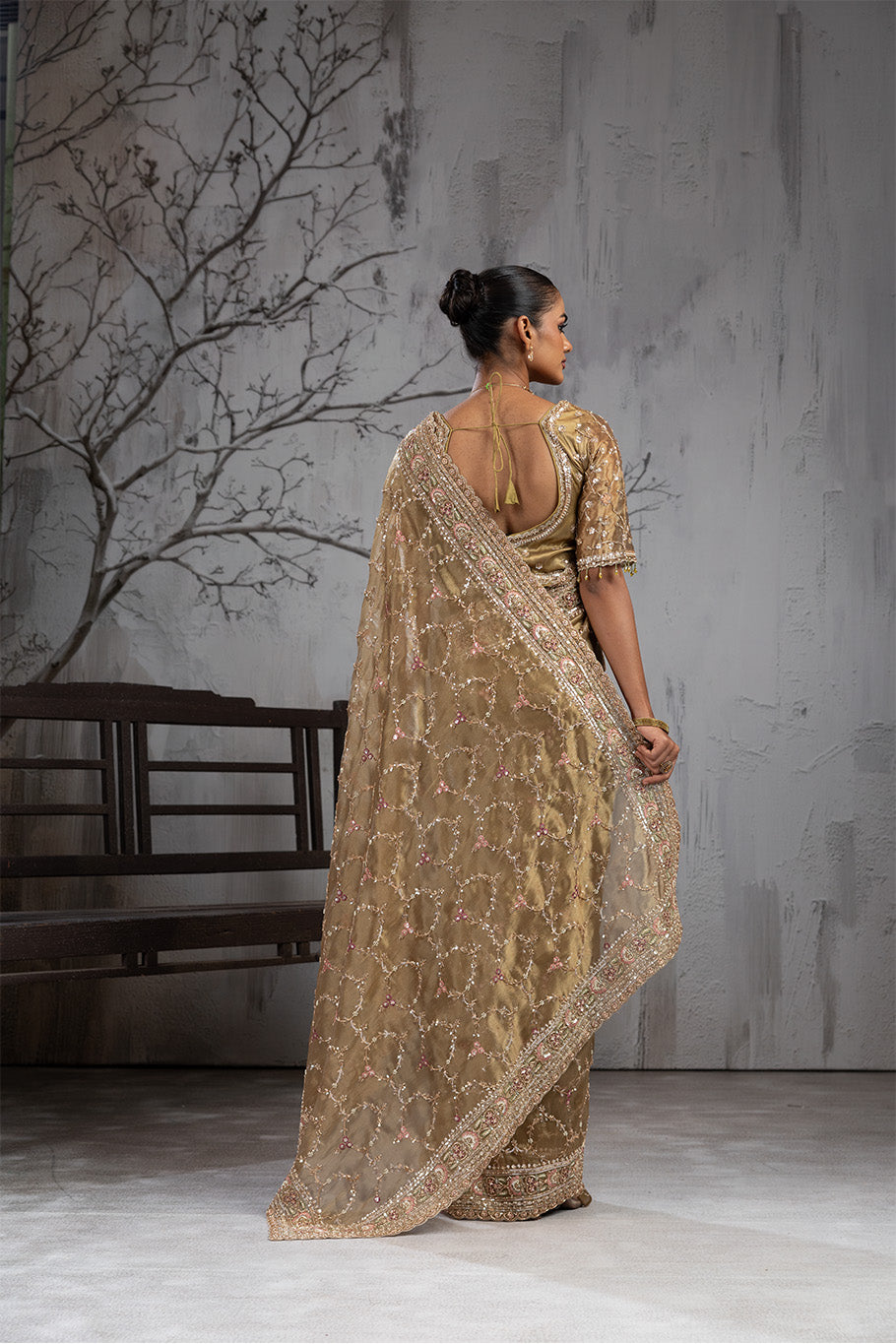 Olive Green Organza Silk Saree with Golden Zari Embroidery