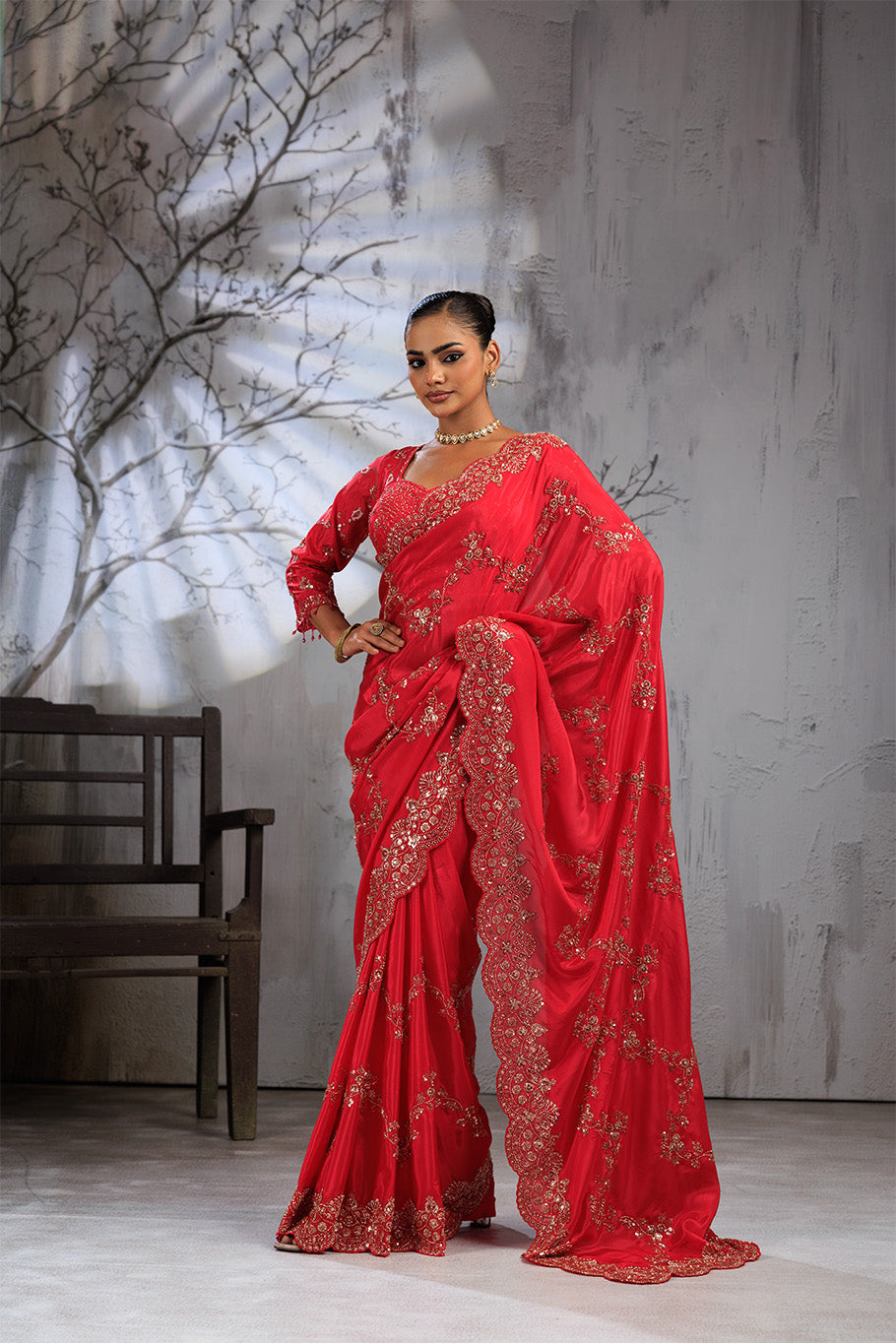 Rani Pink Organza Silk Saree with Golden Zari Embroidery