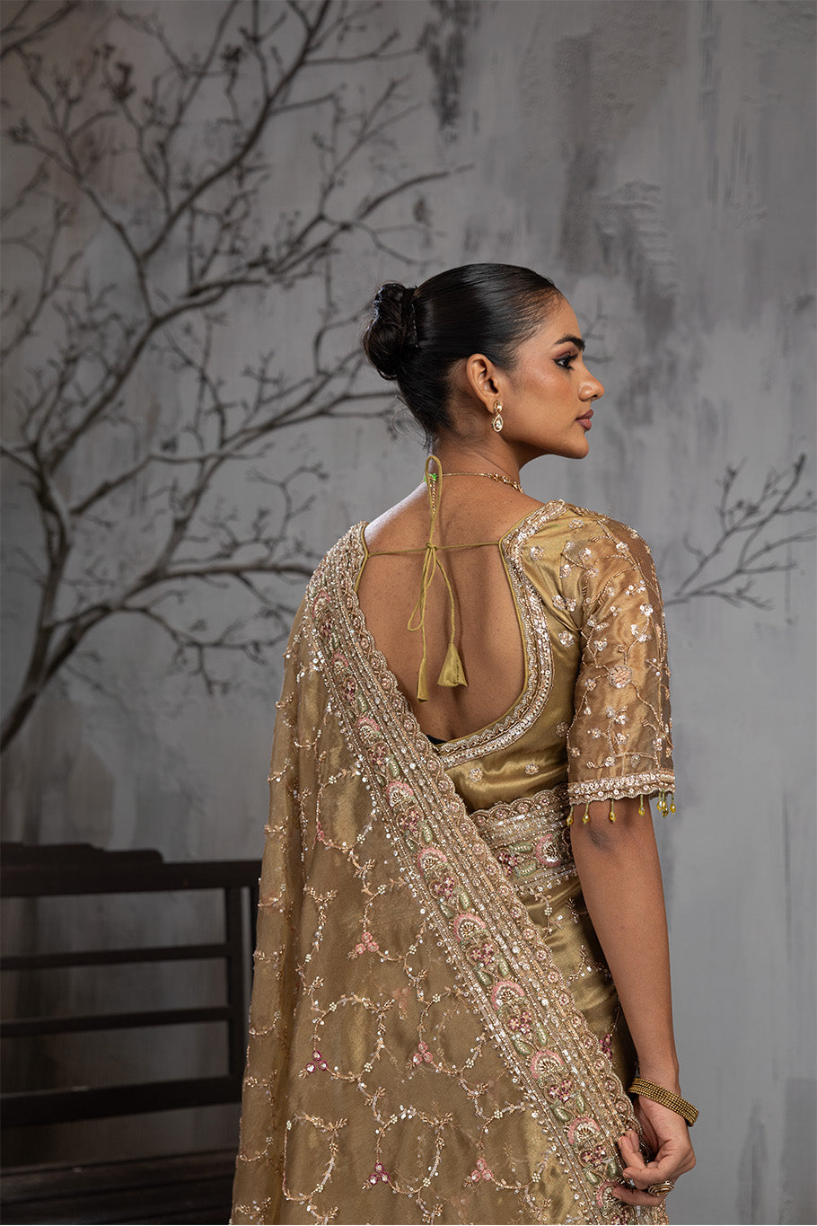 Olive Green Organza Silk Saree with Golden Zari Embroidery