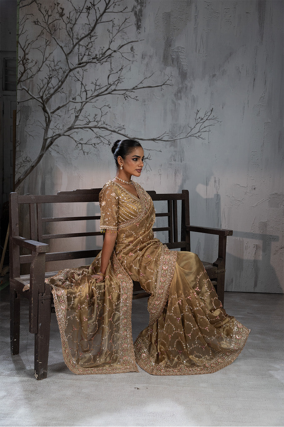 Olive Green Organza Silk Saree with Golden Zari Embroidery