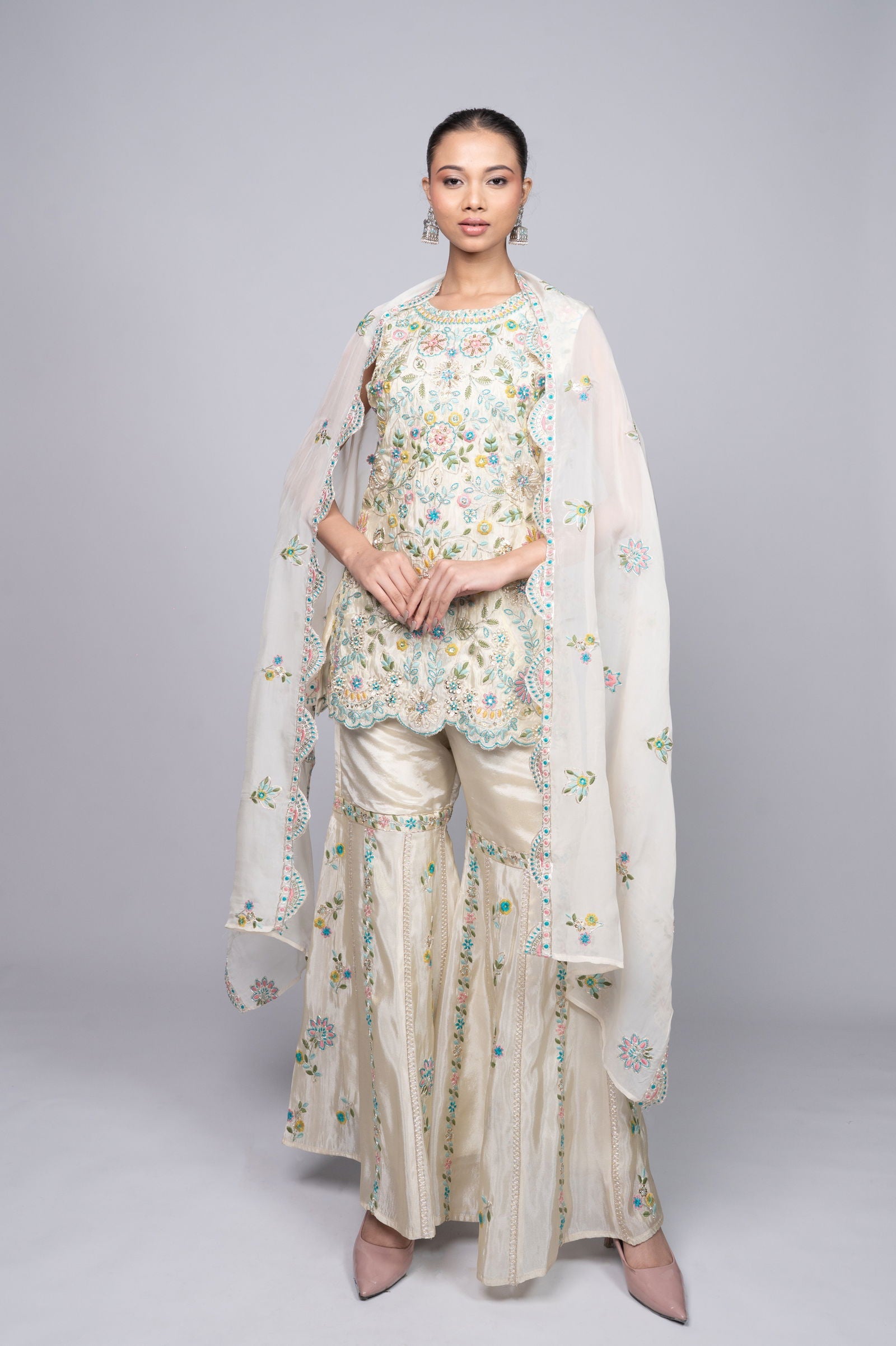 Ivory Cream White Crepe Garara Set with Pearl Embroidery - Mayrake.in