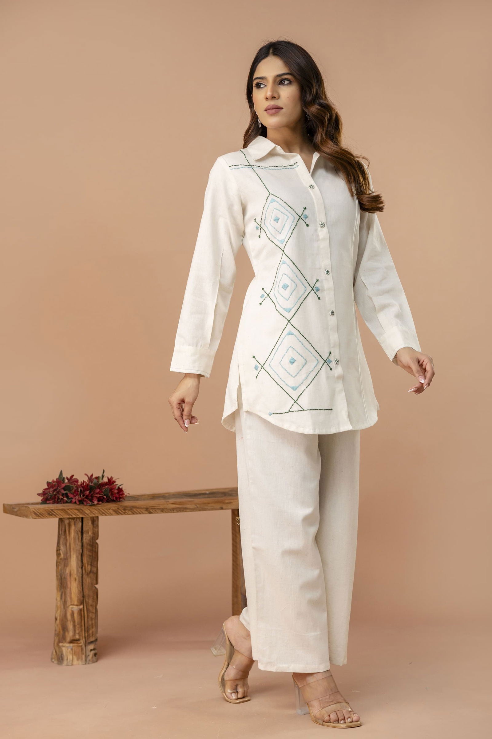 Ivory White Cord Set with Rama Green Color Hand Embroidery with Pant - Mayrake.in