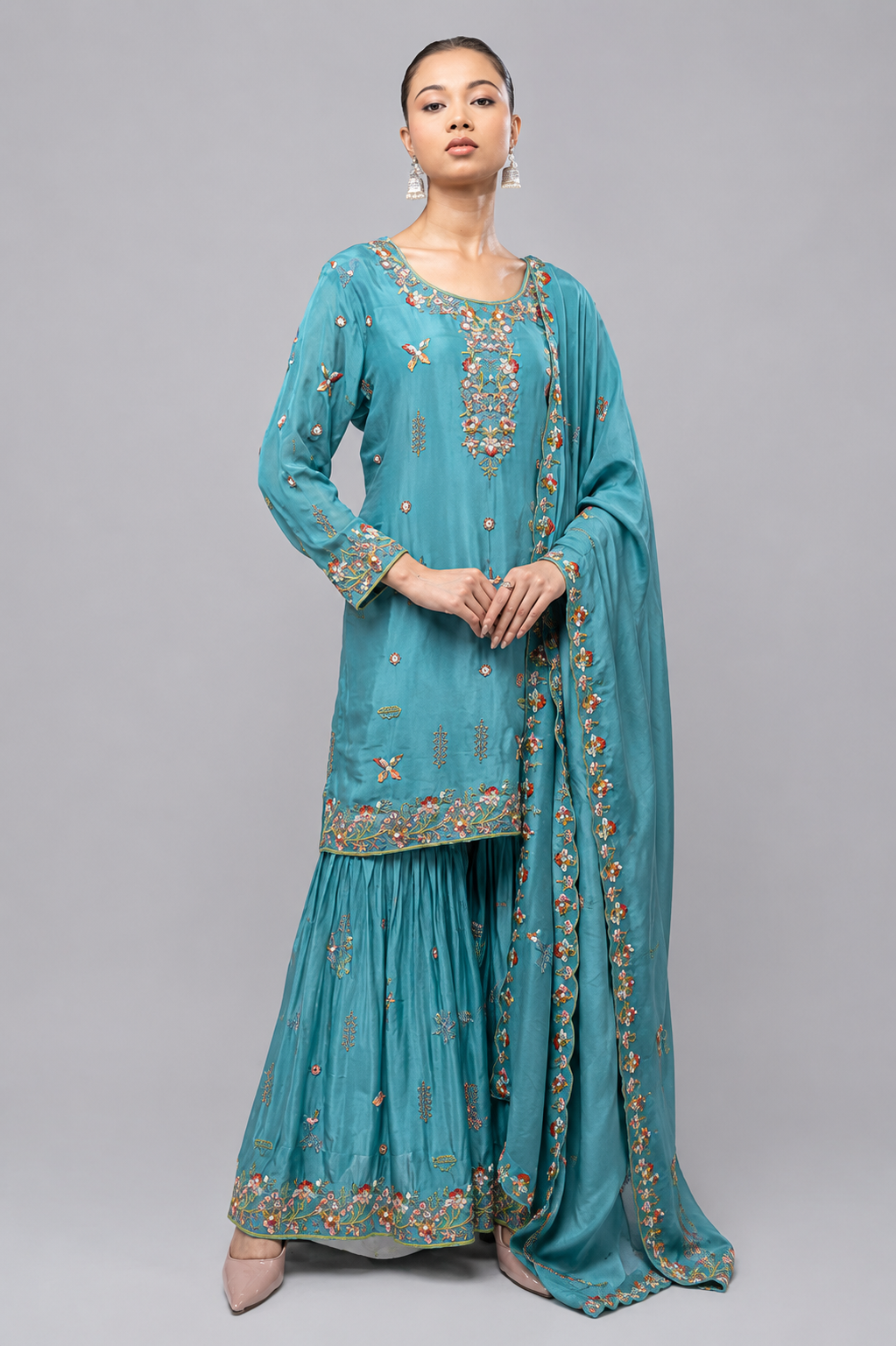 Sky Blue Garara Kurta Set with Pearl, Jarkan & Multicolor Embroidery