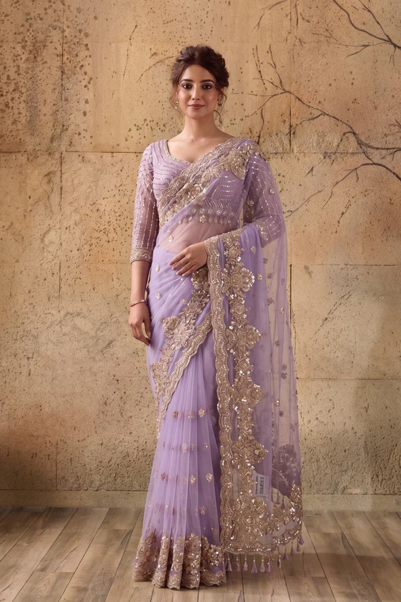 Lavendar Net Saree With Hand Embroidery with Stitched Blouse