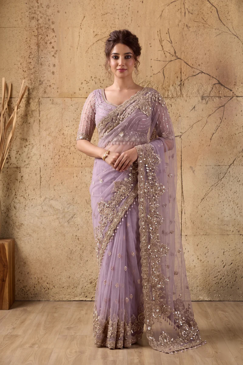 Lavendar Net Saree With Hand Embroidery with Stitched Blouse