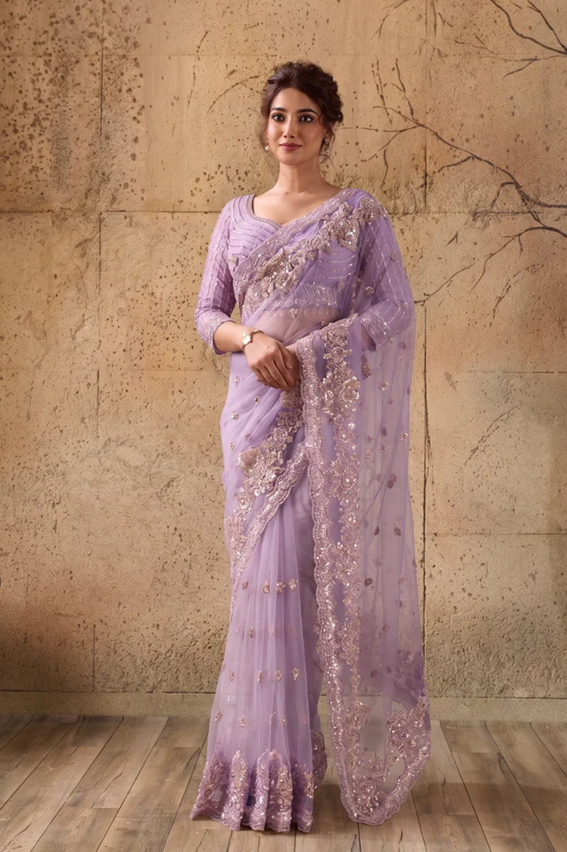 Lavendar Net Saree With Hand Embroidery with Stitched Blouse
