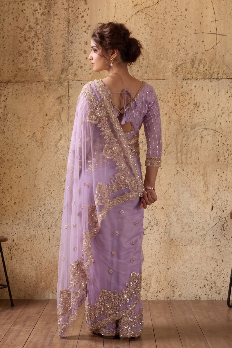 Lavendar Net Saree With Hand Embroidery with Stitched Blouse