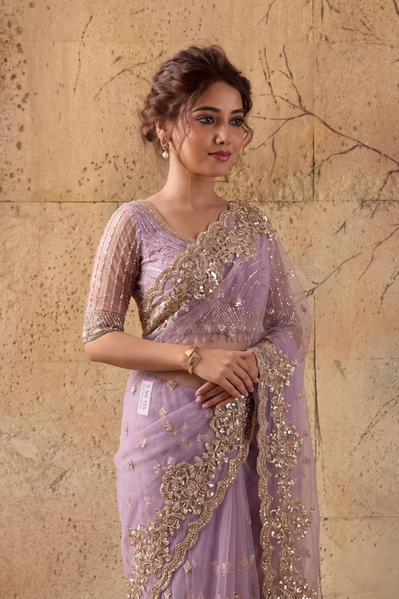 Lavendar Net Saree With Hand Embroidery with Stitched Blouse
