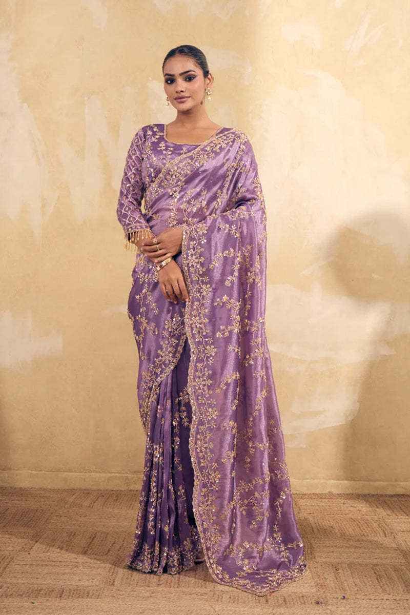 Lavendar Purple Organza Silk Saree with Hand Embriodery with Stitched Blouse