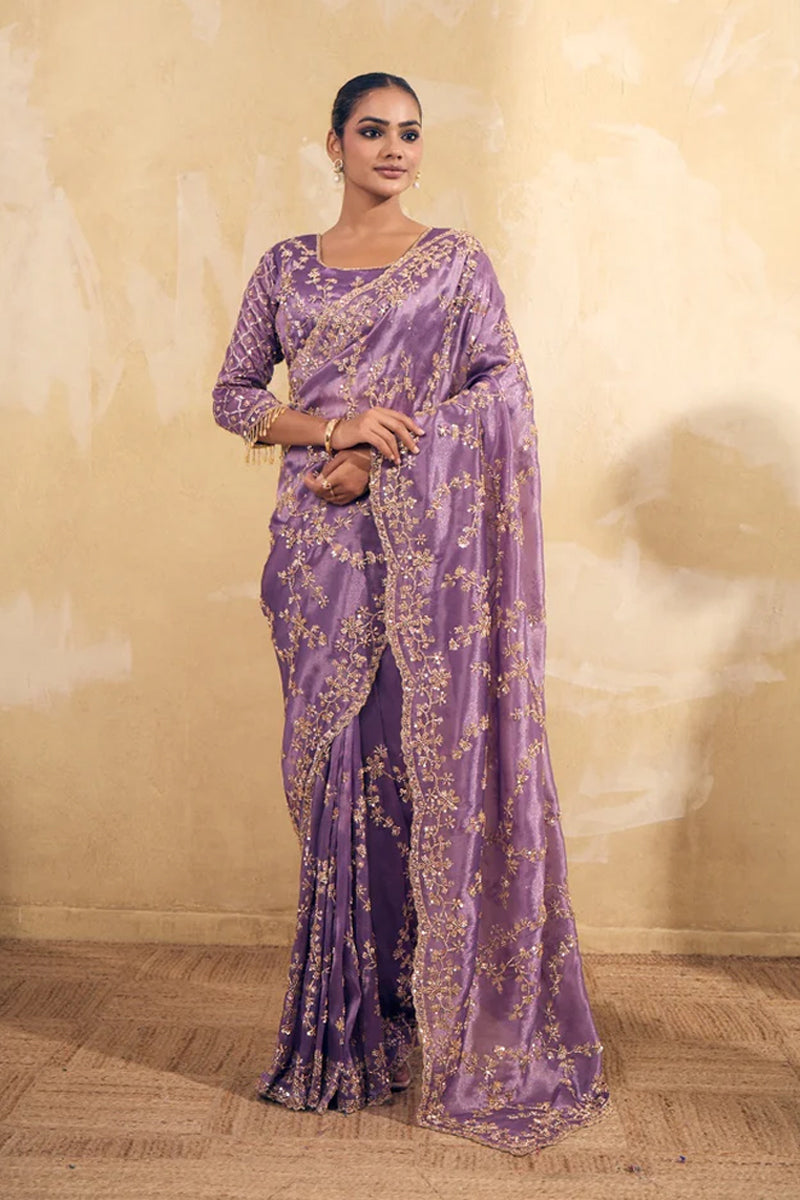 Lavendar Purple Organza Silk Saree with Hand Embriodery with Stitched Blouse