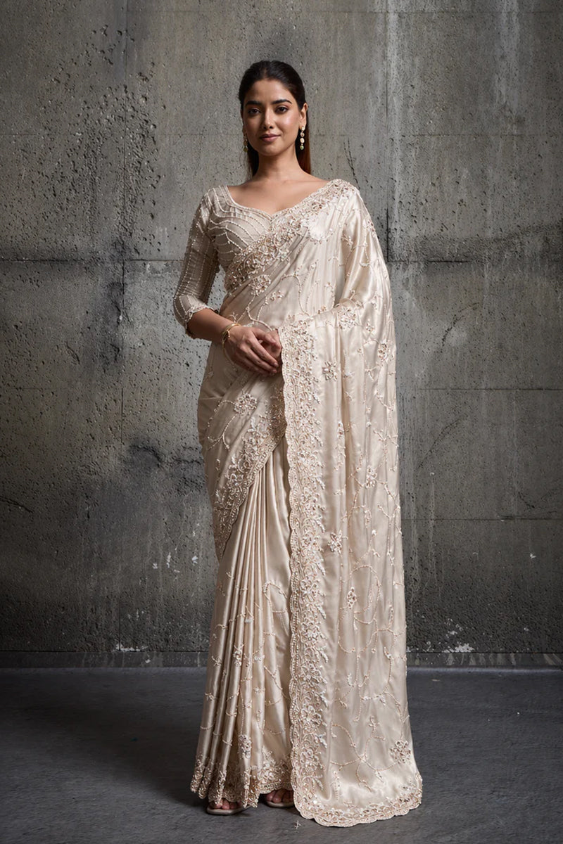 Light Golden Cream Silk Saree with Hand Embroidery With Stitched Blouse