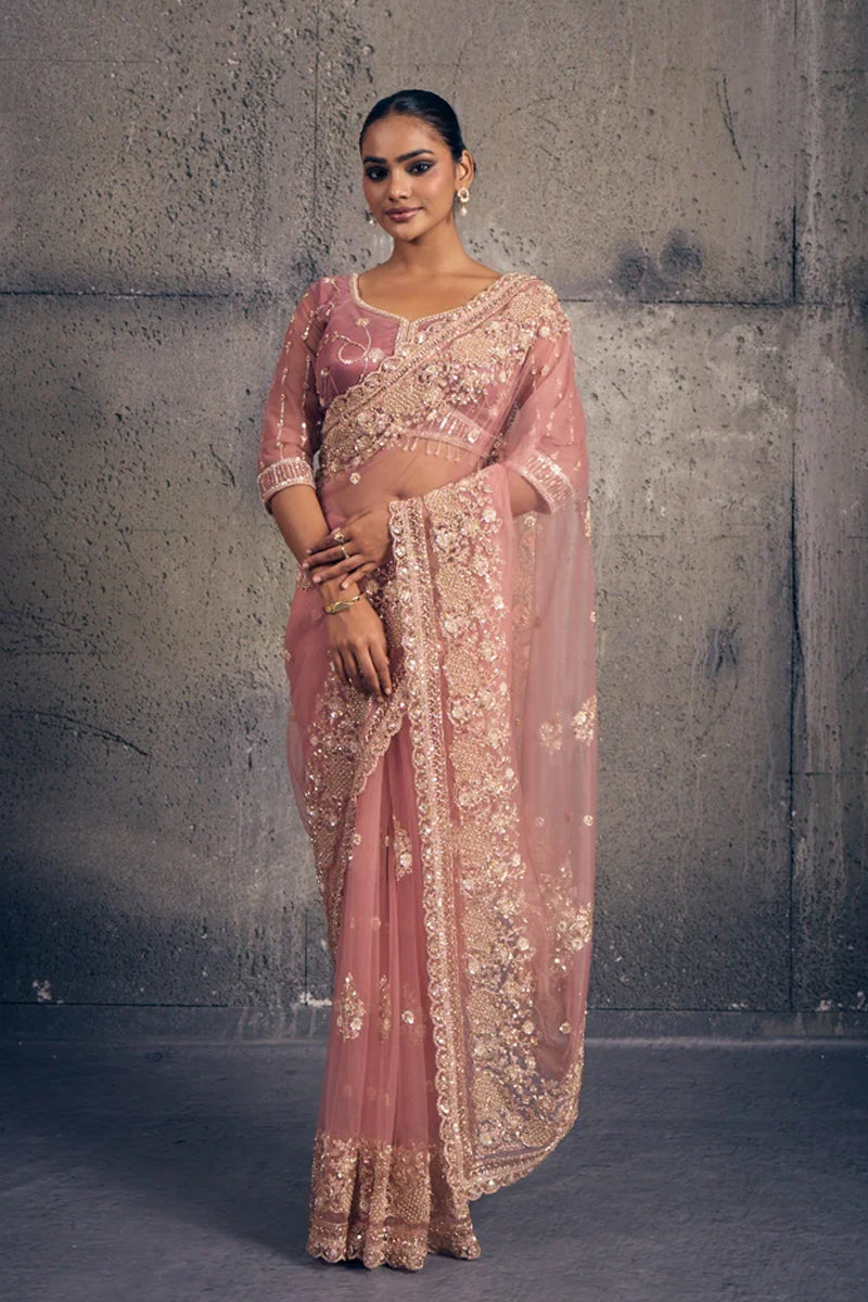 Light Rose Pink Net Saree with Hand Embroidery with Stitched Blouse