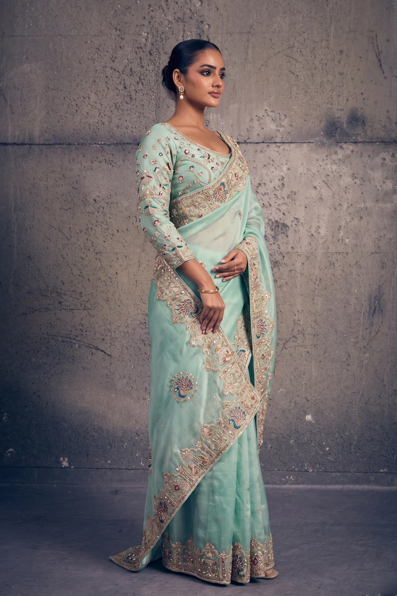 Light Teal Green Organza Silk Saree with Peacock Hand Embroidery with Stitched Blouse