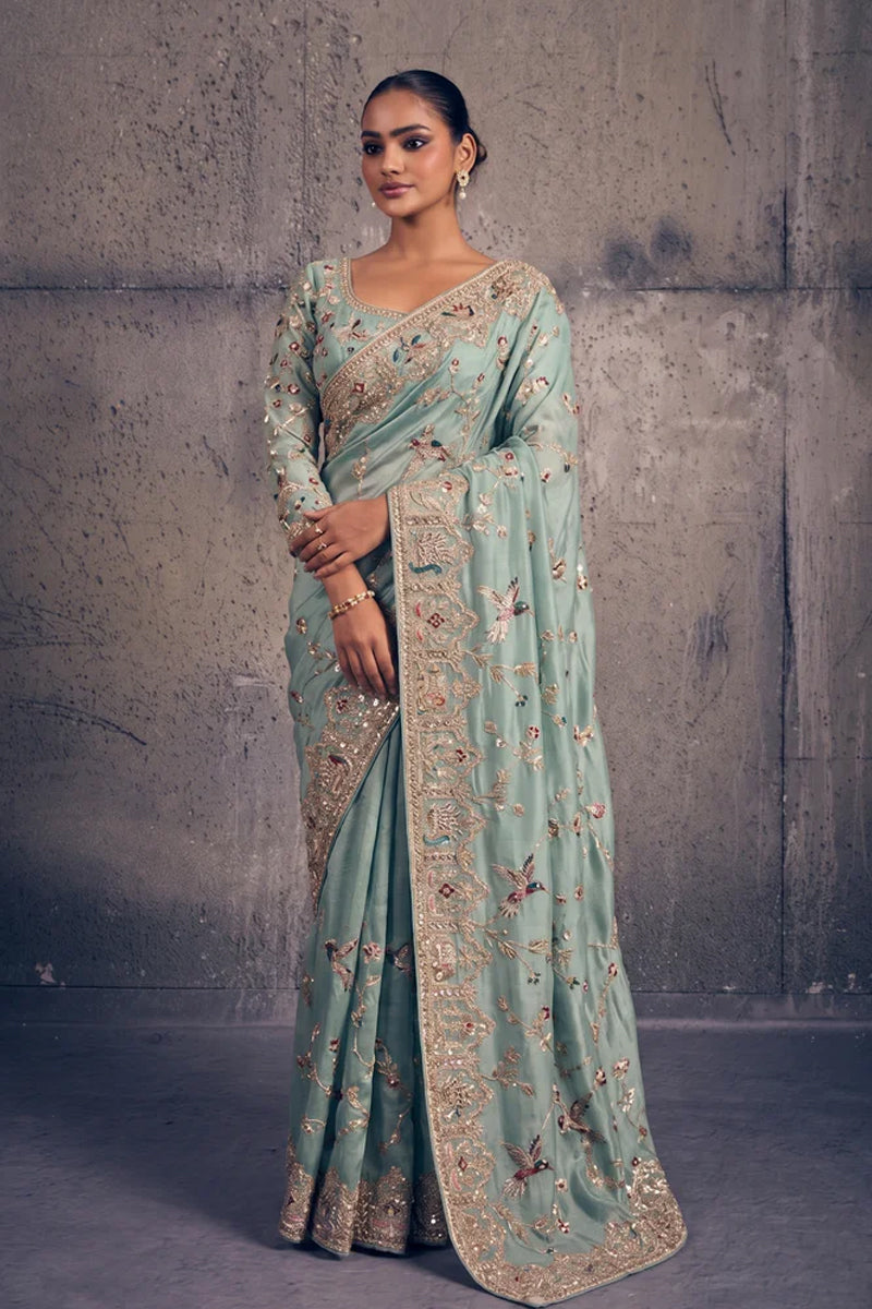 Light Teal Green Organza Silk Saree with Peacock Hand Embroidery with Stitched Blouse