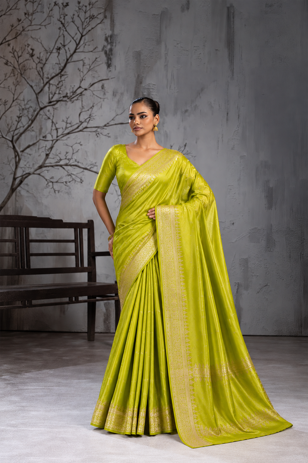 Mehandi Green Sattin Mungha Silk Saree with banarasi border