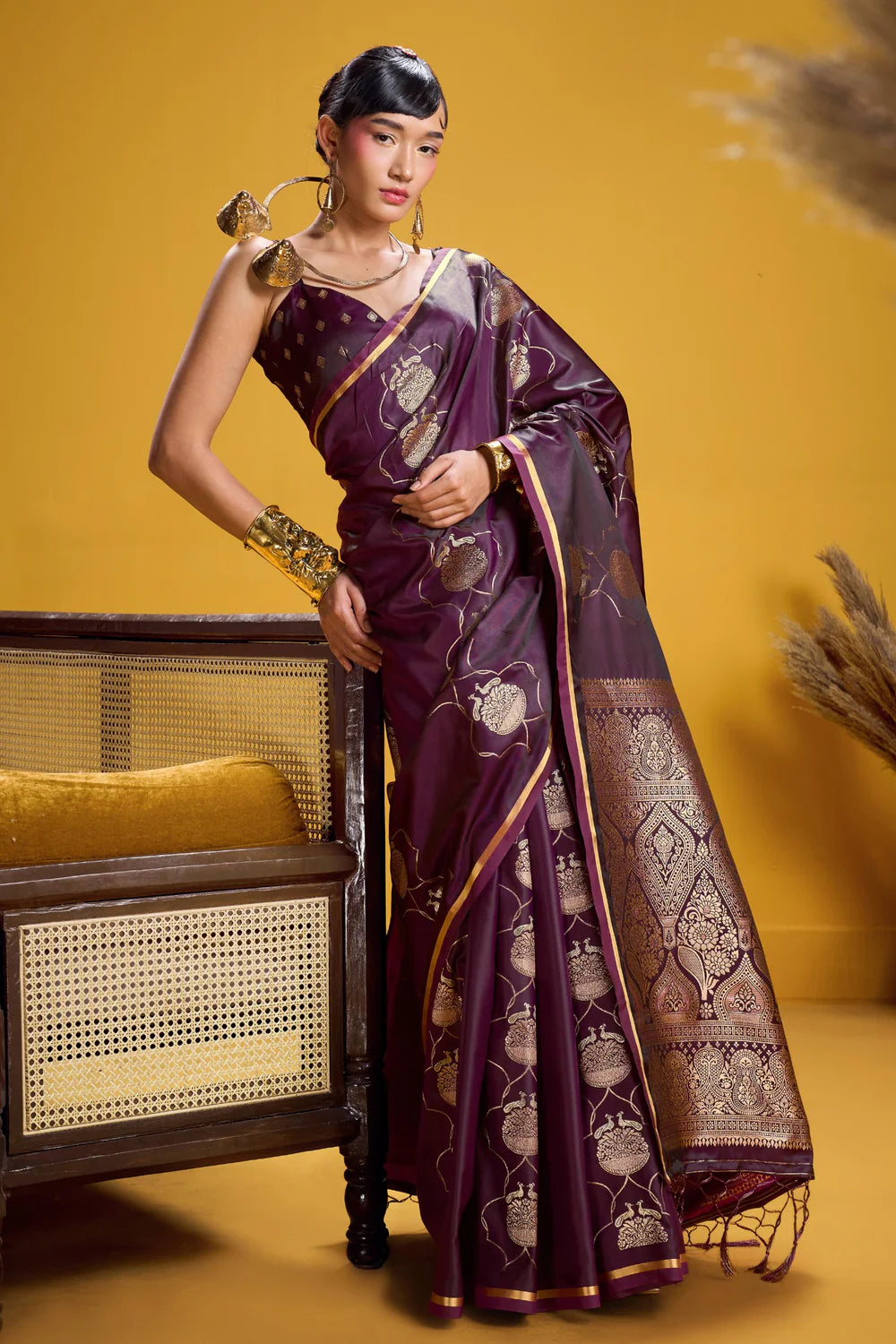 Brown Pure Satin Handloom Saree with Gold Zari Weaving