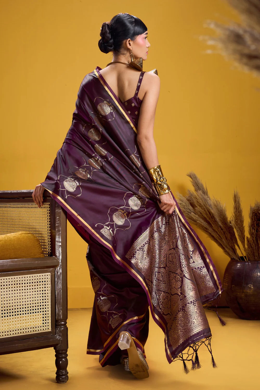 Brown Pure Satin Handloom Saree with Gold Zari Weaving
