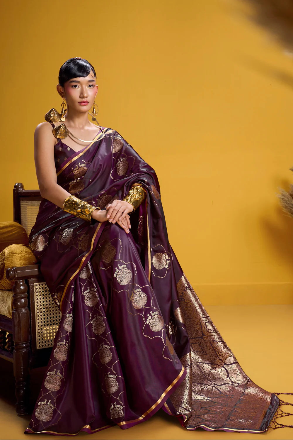 Brown Pure Satin Handloom Saree with Gold Zari Weaving
