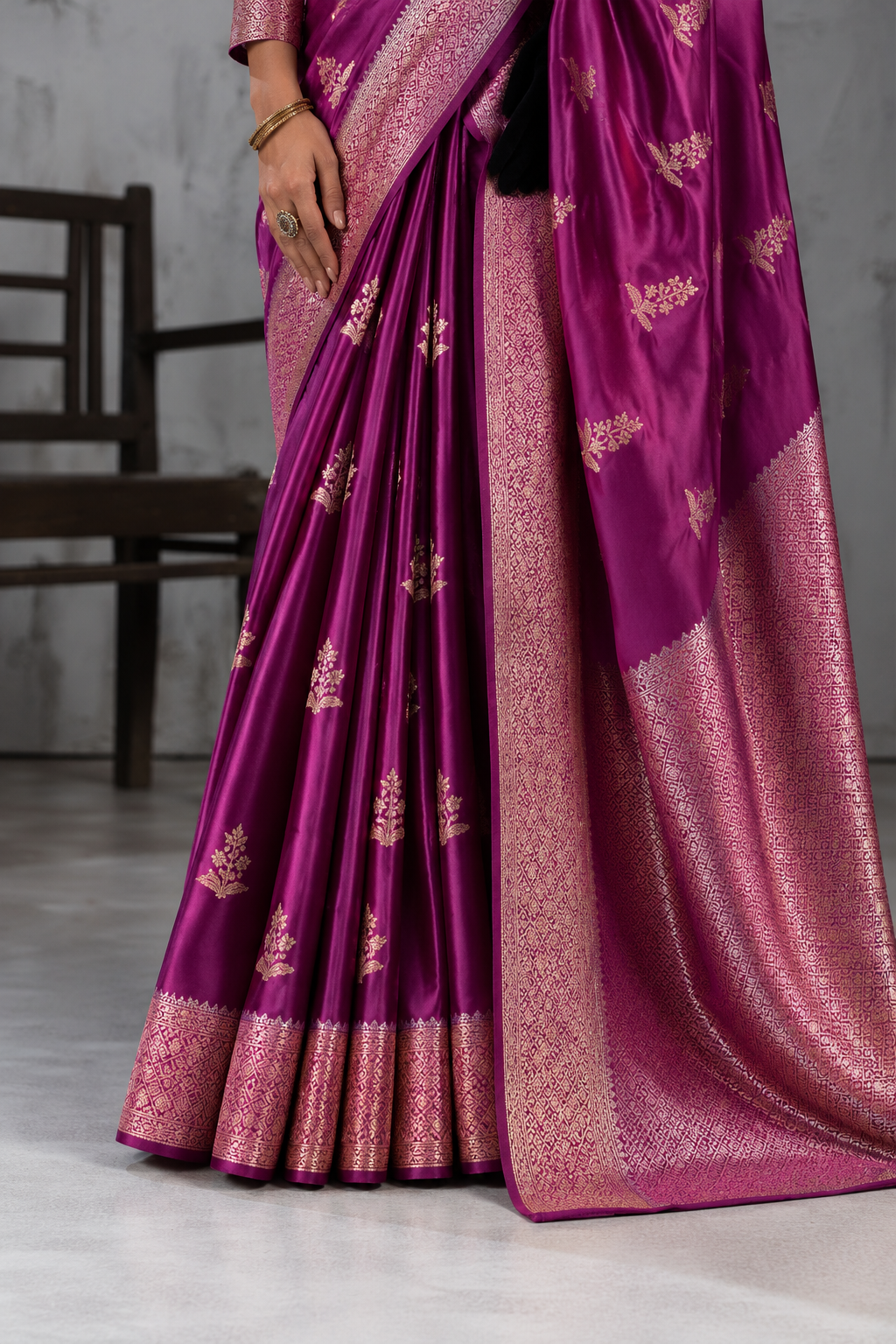 Magenta Pink Sattin Mungha Silk Saree with banarasi border