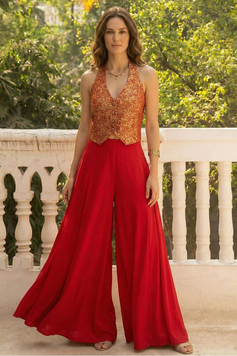 Red Jacquard Waistcost with Flared Crepe Palazzo Set