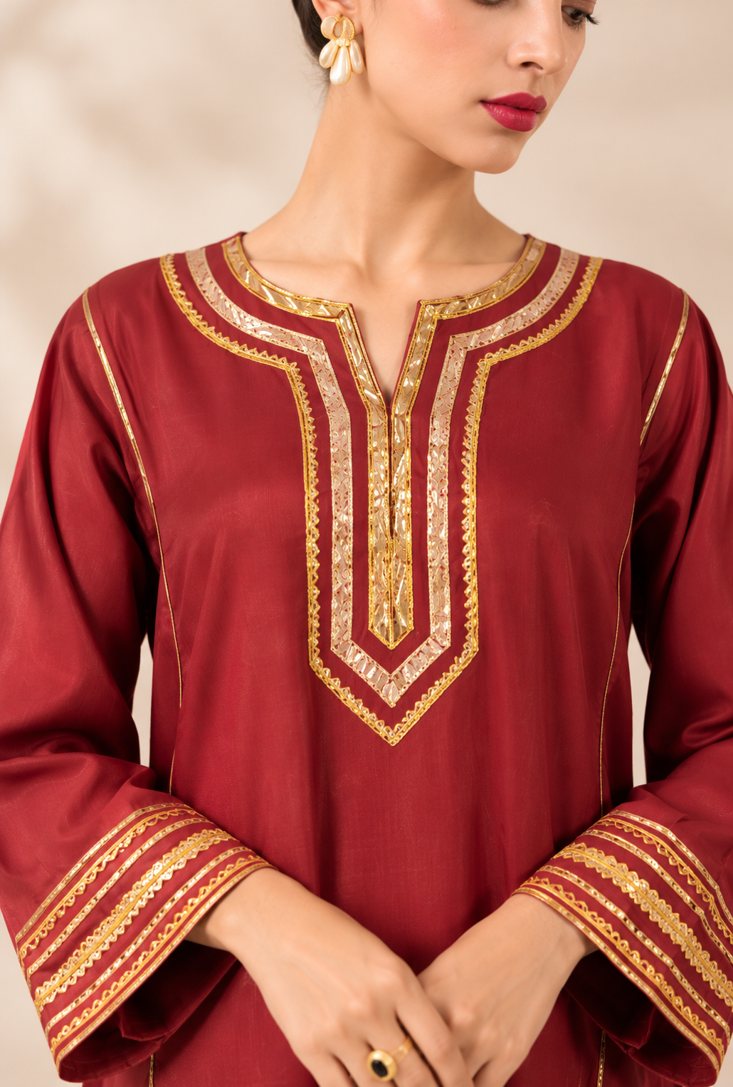Maroon Cotton Farsi Kurta set with Gold Gotta Lace