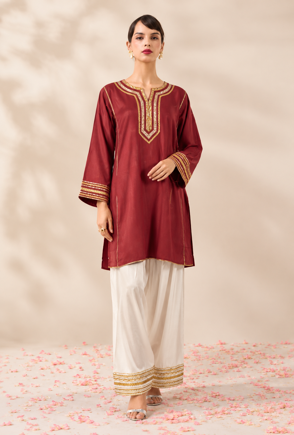 Maroon Cotton Farsi Kurta set with Gold Gotta Lace