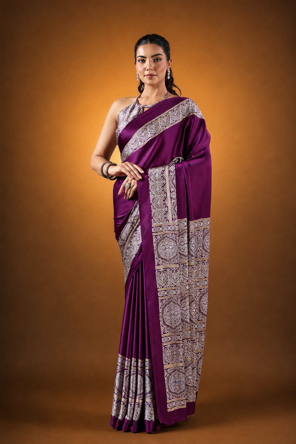 Wine Red Pure Satin Modal Silk Saree with Ajrakh Print
