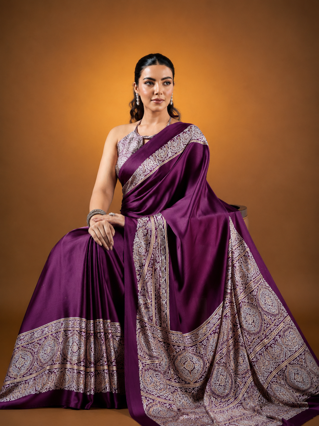 Wine Red Pure Satin Modal Silk Saree with Ajrakh Print