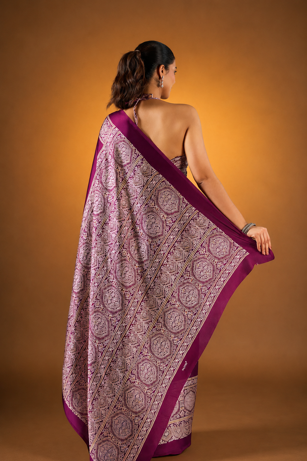 Wine Red Pure Satin Modal Silk Saree with Ajrakh Print