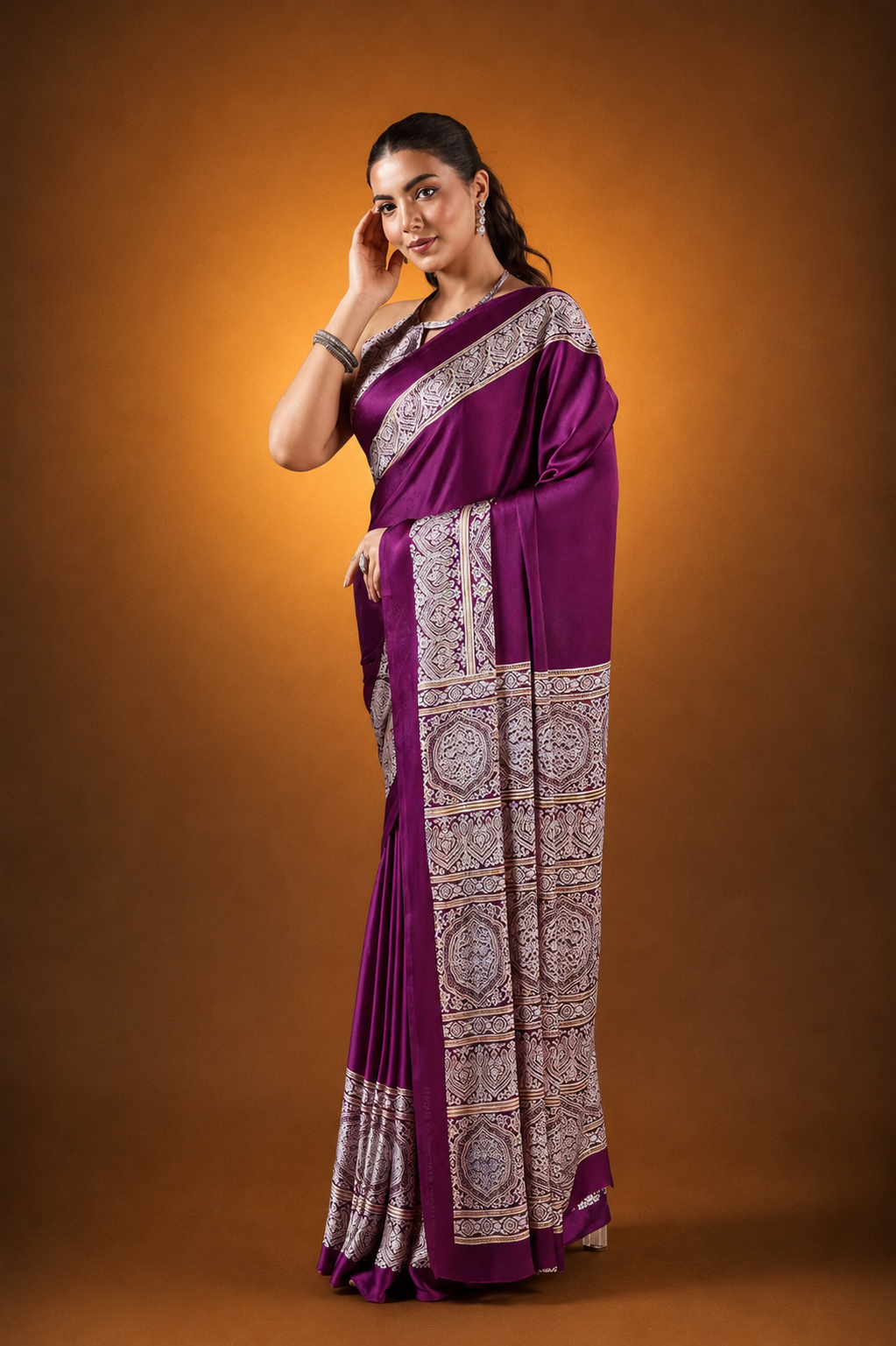 Wine Red Pure Satin Modal Silk Saree with Ajrakh Print