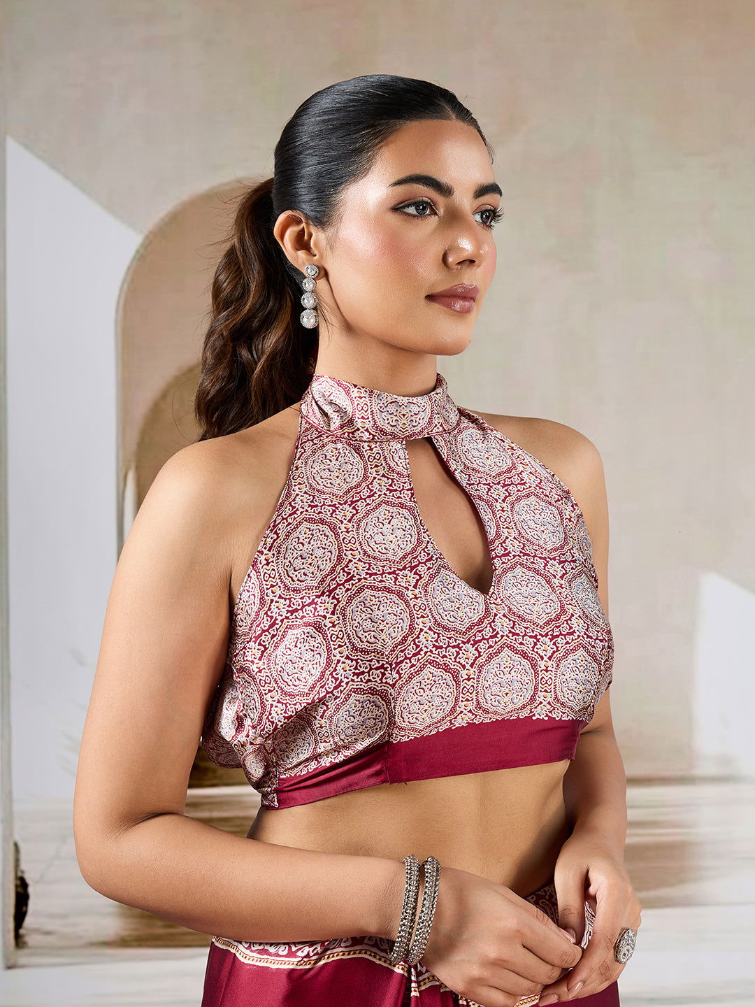Maroon Pure Satin Modal Silk Saree with Ajrakh Print - Mayrake.in