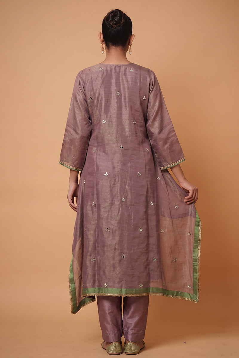 Mauve Organza Silk Kaftan Kurta with Straight Pant and Mirror Work