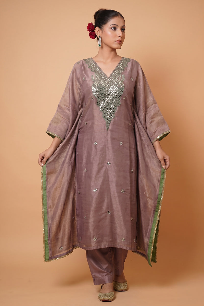 Mauve Organza Silk Kaftan Kurta with Straight Pant and Mirror Work