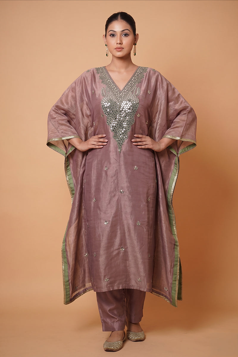 Mauve Organza Silk Kaftan Kurta with Straight Pant and Mirror Work