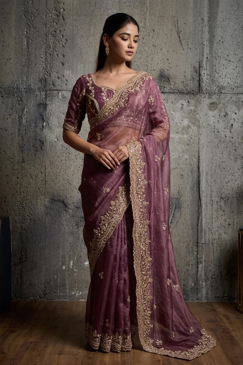 Mauve Purple Organza Silk Saree with Hand Embroidery with Stitched Blouse